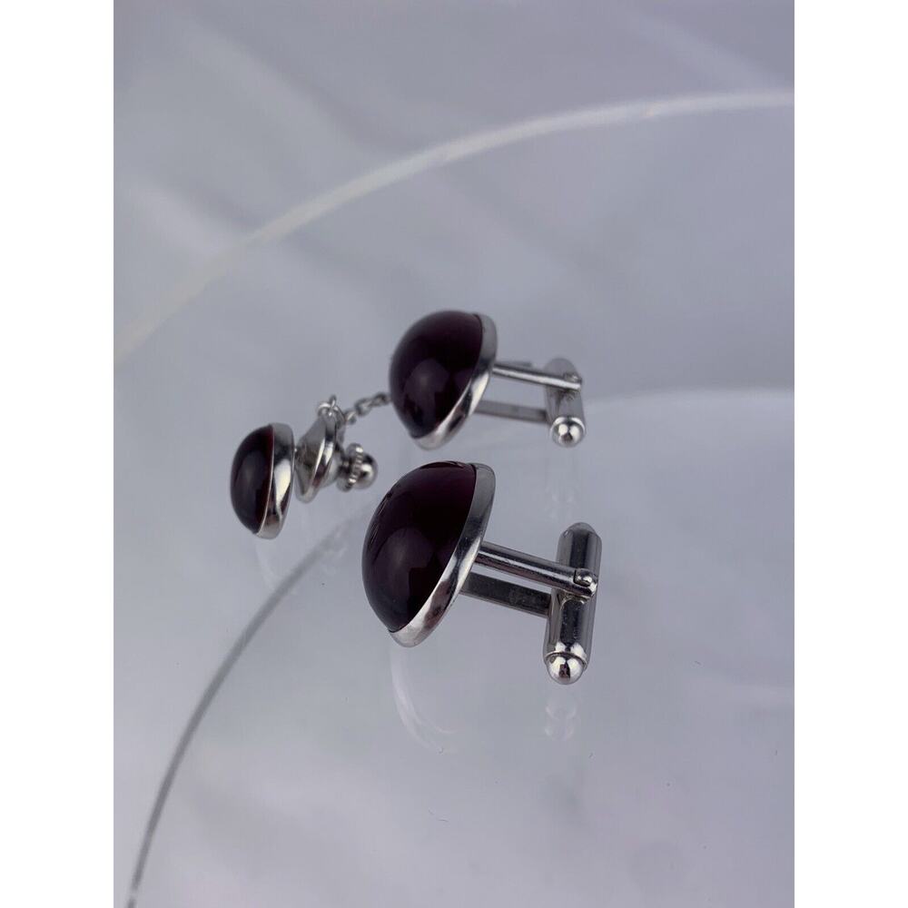 Red Cabochon Silver Tone Cufflinks Tie Pin Acrylic Oval Anson Vintage - Picture 4 of 6